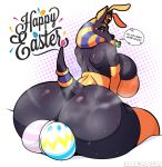  2023 anthro anubian_jackal balls big_butt bodily_fluids butt canid canine canis carrot dialogue digital_media_(artwork) easter english_text food genitals gynomorph hi_res holidays huge_butt intersex jackal lollipopcon mammal plant solo sweat text vegetable 