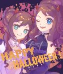  2girls ;d absurdres alternate_costume blue_eyes brown_hair choker closed_mouth double_bun elbow_gloves eyelashes fake_horns fang fang_out fishnets gloves green_eyes hair_bun halloween hand_on_another&#039;s_shoulder happy_halloween heart heart-shaped_pupils high_ponytail highres hilda_(pokemon) horns mixed-language_commentary multiple_girls one_eye_closed open_mouth poke_ball_print pokemon pokemon_(game) pokemon_bw pokemon_bw2 rosa_(pokemon) ryusa_(gjgd7445) sidelocks smile symbol-shaped_pupils tongue 