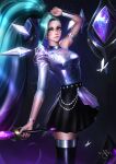  1girl aqua_hair armlet asymmetrical_sleeves black_skirt black_thighhighs blue_eyes breasts gradient_hair k/da_(league_of_legends) k/da_all_out_seraphine_superstar league_of_legends lips long_hair looking_at_viewer medium_breasts multicolored_hair nixri ponytail seraphine_(league_of_legends) skirt solo thighhighs very_long_hair 
