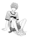  1boy aged_down commentary_request dot_nose greyscale korean_commentary male_focus monochrome project_sekai shinonome_akito shirt shixoxome short_hair short_sleeves sitting socks solo t-shirt white_background 