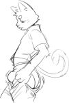  anthro bulge butt clothing domestic_cat dressing felid feline felis hi_res looking_down male mammal nolan(oopsitsnolan) oopsitsnolansfw putting_on_clothes shirt sketch solo solo_focus solo_in_panel tongue tongue_out topwear underwear 