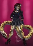  absurd_res andromorph anthro boots bottomwear cheetah clothed clothing collar felid feline footwear fur hair hi_res high_heeled_boots high_heels highlights_(coloring) intersex jacket male mammal markings paca_afgara pacahocaf shirt skirt solo spiked_collar spikes topwear yellow_body yellow_fur 