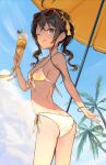  ass beach_umbrella bikini black_hair blue_eyes blue_sky breasts cloud cowboy_shot eyewear_on_head food front-tie_bikini_top front-tie_top highres hololive ice_cream long_hair natsuiro_matsuri one_eye_closed palm_tree side-tie_bikini_bottom side_ponytail sidelocks sky small_breasts sunglasses swimsuit tree umbrella virtual_youtuber white_bikini xyunx 