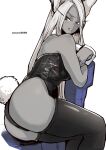  1girl animal_ears aosora2823 artist_name ass bare_shoulders blush boku_no_hero_academia breasts dark-skinned_female dark_skin detached_collar from_side greyscale highleg highleg_leotard highres large_breasts leotard long_eyelashes long_hair looking_at_viewer mirko monochrome parted_bangs parted_lips partially_colored playboy_bunny rabbit_ears rabbit_girl rabbit_tail sitting solo strapless strapless_leotard tail tail_through_clothes thighhighs thighs toned wrist_cuffs 