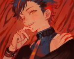  1boy black_hair bracelet choker commentary_request ensemble_stars! hand_up jewelry korean_commentary kuzuvine long_sleeves looking_at_viewer male_focus multicolored_hair nagumo_tetora one_eye_closed open_mouth orange_eyes red_background red_hair short_hair solo streaked_hair teeth turtleneck two-tone_hair upper_body upper_teeth_only 