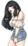  belly black_hair breasts cleavage covered_mouth cropped_shirt denim denim_skirt gatsby_ssl head_tilt highres idolmaster idolmaster_cinderella_girls large_breasts long_hair looking_at_viewer low_tied_sidelocks midriff_peek miniskirt off-shoulder_shirt off_shoulder ohnuma_kurumi scrunchie shirt simple_background skirt straight_hair very_long_hair white_background wrist_scrunchie 