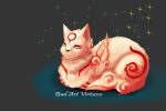  artist_name badartvirtuoso capcom constellation domestic_cat english_text eyes_closed felid feline felis female feral fur fur_markings kabegami_(okami) loaf mammal markings okami_(capcom) red_body red_fur simple_background smile solo star text white_body white_fur 