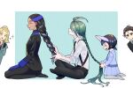  2boys 3girls ahoge black_hair black_jacket black_necktie black_pants black_vest blonde_hair blue_gloves braid braided_ponytail buttons closed_eyes closed_mouth collared_shirt commentary_request geeta_(pokemon) gloves green_hair green_jacket grey_pantyhose hassel_(pokemon) highres jacket kana_(kanna_runa0620) larry_(pokemon) long_hair multiple_boys multiple_girls necktie pants pantyhose parted_bangs pokemon pokemon_(game) pokemon_sv poppy_(pokemon) red_necktie rika_(pokemon) shirt sitting smile suspenders vest white_shirt 