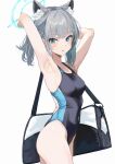  1girl absurdres animal_ear_fluff animal_ears armpits arms_up bare_arms bare_shoulders black_one-piece_swimsuit blue_archive blue_eyes blush breasts collarbone competition_swimsuit covered_navel cowboy_shot cross_hair_ornament extra_ears grey_hair hair_ornament halo highleg highleg_swimsuit highres looking_at_viewer medium_breasts medium_hair mismatched_pupils multicolored_clothes multicolored_swimsuit official_alternate_costume one-piece_swimsuit open_mouth shiroko_(blue_archive) shiroko_(swimsuit)_(blue_archive) simple_background solo standing swimsuit takamiya2222 wolf_ears 