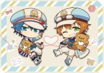  2boys amamine_shu belt blue_eyes blue_hair blue_necktie boots chibi green_eyes hair_between_eyes hat holding holding_stuffed_toy idolmaster idolmaster_side-m idolmaster_side-m_growing_stars looking_at_viewer male_focus multiple_boys necktie one_eye_closed orange_hair paper_airplane smile stuffed_animal stuffed_toy susugi_(sg01) teddy_bear wakazato_haruna 