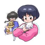  1boy 1girl blush cat closed_eyes dog pink_sweater ranma_1/2 saotome_ranma scared short_hair simple_background smile sweater tendou_akane tongue tongue_out wanta_(futoshi) white_background white_cat 