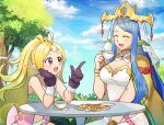  2girls :d ^_^ absurdres betabetamaru blonde_hair blue_hair closed_eyes cloud commentary_request cookie cup fire_emblem fire_emblem_awakening fire_emblem_engage food highres holding holding_cup lumera_(fire_emblem) multiple_girls nowi_(fire_emblem) open_mouth outdoors ponytail sitting smile table 