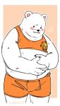  2023 anthro bear bepo biped black_nose blush bottomwear clothing crop_top male mammal minkmen_(one_piece) nekokat42 one_piece overweight overweight_male polar_bear shirt shorts solo topwear ursine white_body 