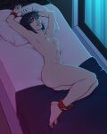  1girl absurdres ami_nsfw ankle_cuffs arms_up bed blue_eyes breasts completely_nude cuffs full_body ghost_in_the_shell ghost_in_the_shell_stand_alone_complex handcuffs highres kusanagi_motoko looking_at_viewer lying medium_breasts navel nipples nude parted_lips pillow shadow smile solo window 