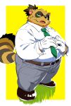  2023 absurd_res anthro bottomwear brown_body brown_fur canid canine clothing cute_fangs fur gloves gokrakstyle green_eyes handwear hi_res humanoid_hands kemono male mammal necktie overweight overweight_male pants raccoon_dog sengoku_puzzle shirt solo tanuki tokugawa_ieyasu topwear 