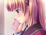  1girl 400 amishiro_anna black_bow blonde_hair blush bow brown_sailor_collar cellphone flip_phone from_side game_cg hair_bow holding holding_phone indoors kanojo_to_kanojo_to_watashi_no_nananichi long_hair long_sleeves parted_lips phone portrait purple_eyes sailor_collar smile solo tears 