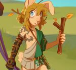  anthro blonde_hair blurred_background blush blush_lines branch breath_of_the_wild clothing fur hair heresvix hi_res lagomorph leporid male mammal nintendo open_mouth prosthetic prosthetic_arm prosthetic_limb rabbit simple_background solo tan_body tan_fur the_legend_of_zelda tunic wide_eyed 
