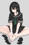  1girl absurdres barefoot black_hair black_serafuku black_socks blush closed_mouth collarbone eyelashes feet fuku_(fuku12290574) full_body green_neckerchief grey_background grey_eyes hair_between_eyes hands_on_own_feet highres knees_apart_feet_together legs long_hair miniskirt neckerchief on_ground original pleated_skirt school_uniform serafuku shadow short_sleeves simple_background sitting skirt socks socks_removed solo toenails toes 