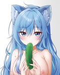  1girl absurdres animal_ears armpit_crease blue_eyes blue_hairband blush breasts cat_ears cucumber elie_wayne fake_animal_ears food gradient_background grey_background hair_censor hairband highres holding holding_food holding_vegetable jan_azure large_breasts long_hair mole mole_on_shoulder nipples nude original pink_nails sexually_suggestive sidelocks upper_body vegetable white_background 
