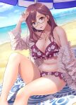  1girl beach beach_umbrella bikini breasts brown_hair cleavage collarbone day floral_print glasses grey-framed_eyewear hida_tatsuo highres idolmaster idolmaster_cinderella_girls idolmaster_cinderella_girls_starlight_stage jewelry knee_up long_hair medium_breasts necklace ocean off_shoulder open_mouth purple_bikini purple_eyes rash_guard semi-rimless_eyewear sitting solo swimsuit umbrella under-rim_eyewear yagami_makino 