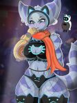  big_breasts big_butt blue_eyes breasts butt clothing disguise ear_piercing female fur hi_res lingerie nervous nervous_smile piercing ratchet_and_clank rivet_(ratchet_and_clank) robotic_arm scarf sexy_cloths solo sony_corporation sony_interactive_entertainment unknown_artist white_body white_fur 