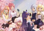  5girls :d alternate_costume aqua_hair basket bento black_pantyhose black_skirt blonde_hair blue_eyes blue_skirt blunt_bangs bottle can cellphone cherry_blossoms chicken_leg chips_(food) chopsticks commentary cup dango day disposable_cup doughnut eating english_commentary flower food food_in_mouth french_fries gawr_gura gradient_hair hair_ornament hairclip hanami holding holding_can holocouncil hololive hololive_english kfp kneehighs long_hair long_sleeves looking_at_viewer mole mole_under_eye mori_calliope multicolored_hair multiple_girls neck_ribbon ninomae_ina&#039;nis nintendo_switch open_mouth orange_hair outdoors pantyhose petals phone pleated_skirt pointy_ears ponytail potato_chips purple_eyes purple_hair red_eyes red_ribbon ribbon sandwich shirt short_hair sidelocks sitting skirt smartphone smile socks strawberry_milk takanashi_kiara ten-chan_(eternal_s) thighhighs two-tone_hair two_side_up vest virtual_youtuber wagashi watson_amelia white_hair white_shirt white_socks white_thighhighs wing_collar yellow_vest 