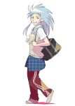  1990s_(style) 1girl blue_hair blue_skirt breasts earrings full_body grin highres jewelry long_hair looking_at_viewer plaid plaid_skirt pleated_skirt pointy_ears retro_artstyle ryouko_(tenchi_muyou!) simple_background skirt smile solo spiked_hair tenchi_muyou! ueyama_michirou unmoving_pattern white_background yellow_eyes 