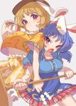  2girls absurdres animal_ears blonde_hair blue_hair blush brown_headwear cabbie_hat closed_mouth e_sdss earclip eating fingernails grey_background hat highres holding holding_stick long_hair multiple_girls open_mouth purple_eyes rabbit_ears red_eyes ringo_(touhou) seiran_(touhou) short_hair simple_background stick touhou 