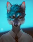  anthro artist_name black_nose blue_body blue_fur blue_hair bust_portrait canid clothed clothing front_view fur glistening glistening_eyes hair hi_res inner_ear_fluff looking_aside male mammal marie_merkh mouth_closed orange_eyes portrait short_hair simple_background solo topwear tuft white_body white_clothing white_fur white_inner_ear_fluff white_topwear 