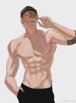  1boy abs alternate_pectoral_size bara baseball_cap blonde_hair curly_eyebrows goatee_stubble grin hair_over_one_eye hat highres large_pectorals looking_at_viewer male_focus male_pubic_hair mature_male mcbuckwheat muscular muscular_male navel nipples one_piece pectorals pubic_hair pubic_hair_peek sanji_(one_piece) sanpaku short_hair smile solo stomach topless_male 