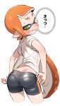  1girl ass bike_shorts blush closed_mouth commentary_request domino_mask fang from_behind green_eyes inkling long_hair mask orange_hair pointy_ears shirt simple_background solo splatoon_(series) t-shirt tentacle_hair ter_(otokoter) thighs translation_request wavy_mouth white_background white_shirt 