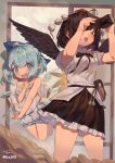  2girls absurdres ahoge bird_wings black_hair black_skirt black_wings bloomers blue_bow blue_eyes blue_hair bow camera cirno detached_wings frilled_skirt frills hair_bow hat highres holding holding_camera hxj_(2324184595) ice ice_wings multiple_girls pom_pom_(clothes) red_headwear shameimaru_aya shirt short_hair signature skirt tokin_hat topless touhou twitter_username underwear white_shirt wings 