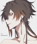  1boy bare_shoulders collarbone earrings genshin_impact jewelry looking_to_the_side masa-hiro portrait single_earring tassel white_background zhongli_(genshin_impact) 