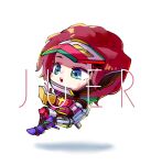  1girl :o animification apex_legends artist_name book chibi floating full_body galactic_guardian_horizon holding holding_book holding_pen horizon_(apex_legends) official_alternate_costume pen power_armor red_hair shadow short_hair smile solo white_background xiaoye_ju_er 