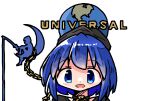  1girl blue_eyes chain dreamworks earth_(ornament) gold_chain hecatia_lapislazuli hecatia_lapislazuli_(earth) highres kasuya_baian long_hair polos_crown shirt simple_background smile solo t-shirt touhou universal_studios white_background 