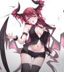  1girl absurdres armband black_shirt black_shorts black_thighhighs breasts bridal_gauntlets center_opening cowboy_shot demon_horns demon_wings fingernails groin hair_ornament hand_on_own_chest heterochromia highres hololive hololive_english horns irys_(hololive) long_hair looking_at_viewer medium_breasts micro_shorts namiorii navel open_mouth pointy_ears purple_eyes red_eyes red_hair shirt shorts single_bridal_gauntlet sleeveless sleeveless_shirt solo thighhighs very_long_hair virtual_youtuber wings wristband 