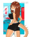  absurd_res anthro aquilops barbell border bottomwear bra breasts brown_hair butt ceratopsian clothed clothing detailed_background dinosaur dumbbell eyelashes female furgonomic_bottomwear furgonomics goodbye_volcano_high gym_bottomwear gym_clothing gym_shorts hair hand_on_hip hi_res long_hair long_tail looking_at_viewer looking_back looking_back_at_viewer miguel_arts ornithischian punching_bag red_eyes reptile rosa_(gvh) scalie shorts slight_smile snoot_game solo spiked_tail spikes spikes_(anatomy) sports_bra standing tail tight_clothing underwear weight_bench weights white_border 