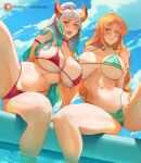  2girls araneesama bikini blue_sky blush breasts choker curled_horns green_bikini green_hair highres horns huge_breasts large_breasts long_hair looking_at_viewer multicolored_hair multicolored_horns multiple_girls nami_(one_piece) navel one_piece oni open_mouth orange_eyes orange_hair red_bikini red_horns sky smile swimsuit tattoo thick_thighs thighs water white_hair yamato_(one_piece) 