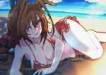  1girl absurdres animal_ears bare_shoulders beach bikini blue_sky blush breasts chromatic_aberration cleavage cloud cloudy_sky commentary_request daiwa_scarlet_(trifle_vacation)_(umamusume) daiwa_scarlet_(umamusume) fang highres horse_ears horse_girl horse_tail kurokawa_heuy large_breasts long_hair looking_at_viewer official_alternate_costume on_ground outdoors red_bikini red_eyes sand skin_fang sky solo swimsuit tail twintails umamusume very_long_hair water 