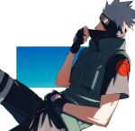  1boy black_gloves black_headband black_pants black_shirt blurry depth_of_field fingerless_gloves gloves green_vest grey_hair hatake_kakashi headband male_focus mask_pull mirin_(coene65) naruto naruto_(series) pants shirt short_hair short_sleeves solo vest white_background 