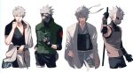  2boys asymmetrical_sleeves black_gloves black_shirt book clenched_hand closed_eyes closed_mouth collarbone crossover fingerless_gloves fox_mask gintama gloves green_vest hair_between_eyes hatake_kakashi headband highres holding holding_book holding_staff japanese_clothes mask mirin_(coene65) multiple_boys naruto naruto_(series) nose_picking one_eye_covered pectoral_cleavage pectorals sakata_gintoki shirt simple_background staff vest white_background white_headband 