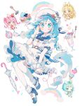  1girl blue_eyes blue_hair braid computer controller cup dolphin dress food fork fruit game_controller hat highres ice_cream ice_cream_cone laptop long_hair looking_at_viewer midair original pancake pancake_stack parfait rainbow shoes short_sleeves spoon star_(symbol) sticker strawberry thighhighs twin_braids uekura_eku umbrella white_dress white_thighhighs 