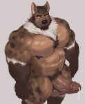  2023 abs absurd_res anthro balls beard big_balls big_muscles big_pecs big_penis black_spots blush brown_body brown_fur brown_hair chest_tuft claws deltoids diangun erection facial_hair finger_claws fur genitals gloves_(marking) green_eyes hair hi_res high-angle_view hyena leg_markings male mammal markings muscular muscular_anthro muscular_male muscular_thighs navel neck_tuft nipples nude pecs penis pubes socks_(marking) solo spots spotted_body spotted_fur spotted_hyena standing thick_penis tuft vein veiny_penis white_body white_fur 