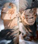  2boys absurdres black_hair blood blood_on_face blue_eyes extra_eyes facial_mark facial_tattoo fushiguro_megumi gojou_satoru highres jujutsu_kaisen multiple_boys red_eyes ryoumen_sukuna_(jujutsu_kaisen) spiked_hair spoilers tattoo white_hair yoon_(dmsco1803) 