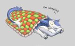  2023 ambiguous_gender anthro bedding blanket blue_body blue_fur english_text eyes_closed fur hi_res m_projection pillow sergal simple_background sleeping solo text 