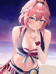  1girl absurdres bare_shoulders blue_eyes blush breasts cleavage closed_mouth finger_to_mouth hair_between_eyes head_wings highres hololive hololive_summer_2023_swimsuit index_finger_raised kuchitani large_breasts looking_at_viewer nail_polish navel pink_hair pink_nails short_hair smile solo swimsuit takane_lui virtual_youtuber wings 