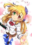  1girl artist_name blonde_hair blush breasts closed_mouth dated hair_ribbon heterochromia highres long_hair looking_at_viewer lyrical_nanoha mahou_shoujo_lyrical_nanoha_vivid miniskirt neckerchief red_neckerchief ribbon san-pon school_uniform signature skirt small_breasts smile solo vivid_strike! vivio 