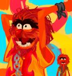  2023 abstract_background animal_(muppets) chain clothed clothing colorful coolranchdoritoes_(artist) digital_media_(artwork) digital_painting_(artwork) eyebrows fur hi_res male muppet muppets open_mouth orange_clothing orange_shirt orange_topwear raised_arms red_body red_fur red_nose red_tongue shaded sharp_teeth shirt skinny solo teeth thick_eyebrows tongue topwear wristband 