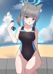  animal_ear_fluff animal_ears beach black_one-piece_swimsuit blue_archive blue_eyes blue_sky breasts cloud competition_swimsuit covered_navel cross_hair_ornament day extra_ears goggles grey_hair hair_ornament halo highres holding holding_goggles horizon low_ponytail mecham medium_breasts medium_hair mismatched_pupils multicolored_clothes multicolored_swimsuit ocean one-piece_swimsuit outdoors shiroko_(blue_archive) shiroko_(swimsuit)_(blue_archive) sky standing swimsuit wolf_ears 