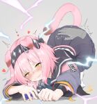  1girl animal_ears arknights black_bracelet black_hairband black_skirt blush bow cat_ears cat_girl cat_tail clenched_teeth clothes_writing disembodied_limb electricity floppy_ears goldenglow_(arknights) hair_between_eyes hair_bow hairband heart highres infection_monitor_(arknights) jacket lightning_bolt_print lightning_bolt_symbol long_sleeves parted_lips pcaccount13 pink_hair simple_background skirt solo spanking spoken_heart tail tareme teeth thighhighs top-down_bottom-up white_thighhighs yellow_eyes 